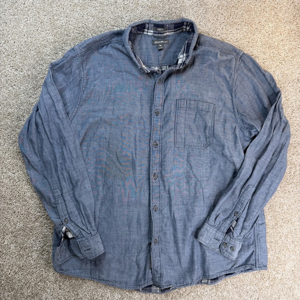 Eddie Bauer Shirt Mens XL Blue Chambray Long Sleeve Button Up Pocket Classic